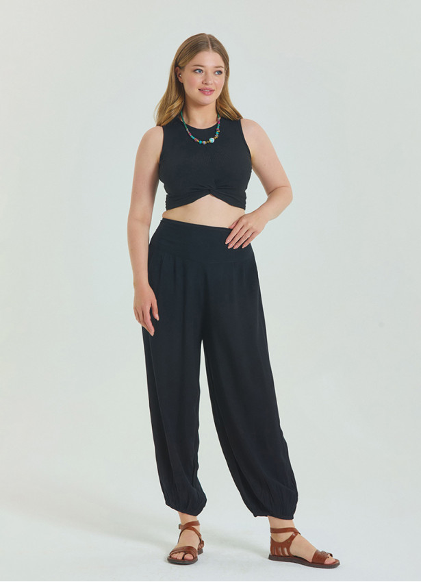 Elastic Waist Relaxed Cut Black Plus Size Trousers 4627